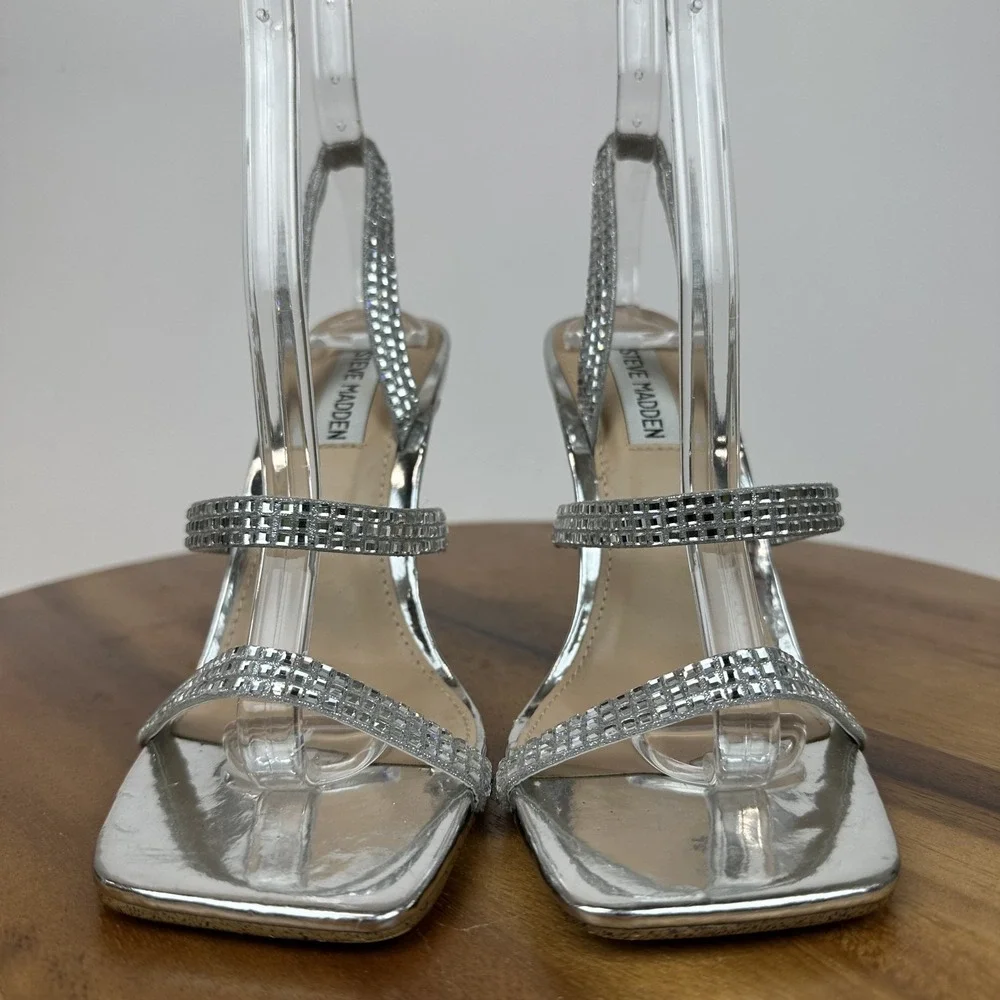 Womens Steve Madden Gracey Silver‎ Rhinestone Slingback Heeled Sandals Size 7 M